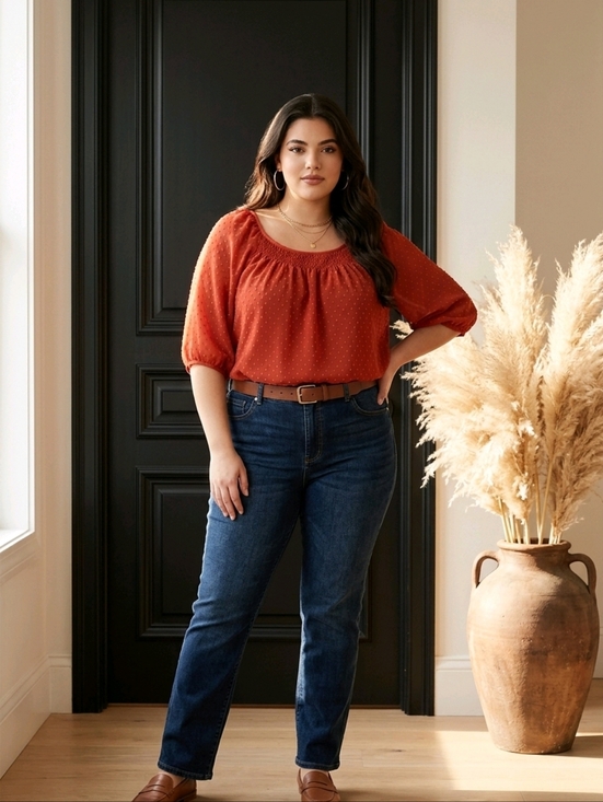 New York City Design Co. Tops - Separates By NYC DESIGN CO Women's Burnt Orange Dot Peasant Top